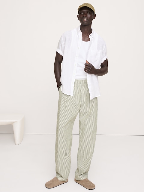 PANTALON DÉCONTRACTÉ À TAILLE EXTENSIBLE EN LIN ET COTON À PLIS