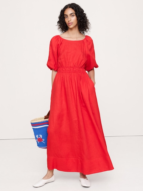 ROBE LONGUE À MANCHES BOUFFANTES EN LIN