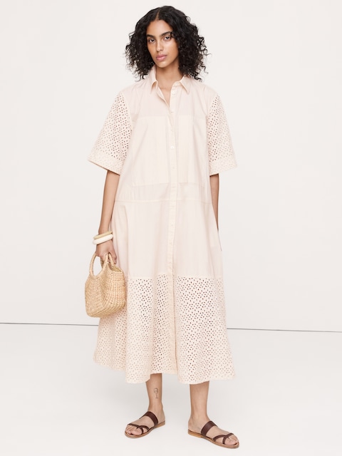ROBE-CHEMISIER TRAPÈZE LONGUE EN POPELINE DE COTON