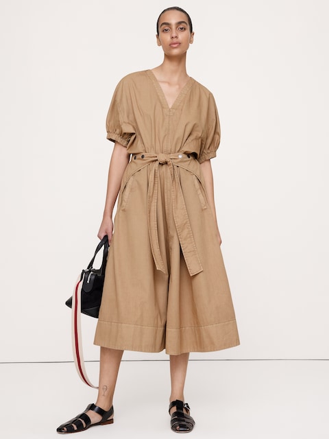 ROBE MI-LONGUE À MANCHES BOUFFANTES EN SERGÉ DE COTON
