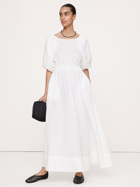 ROBE LONGUE À MANCHES BOUFFANTES EN LIN