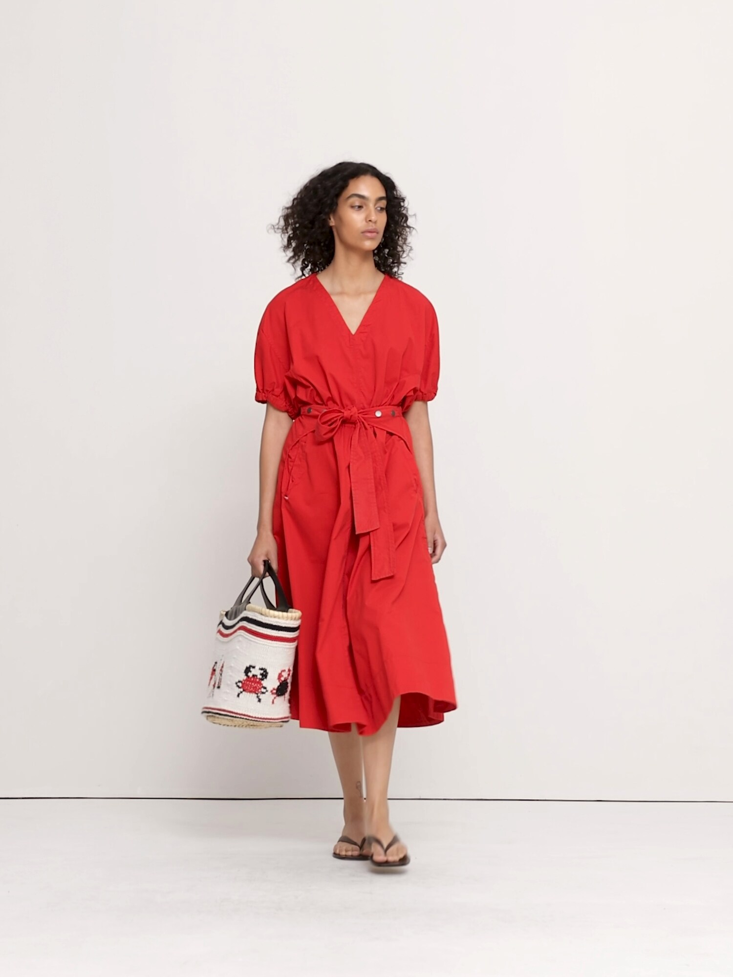 Cotton Twill Puff-Sleeve Midi Dress