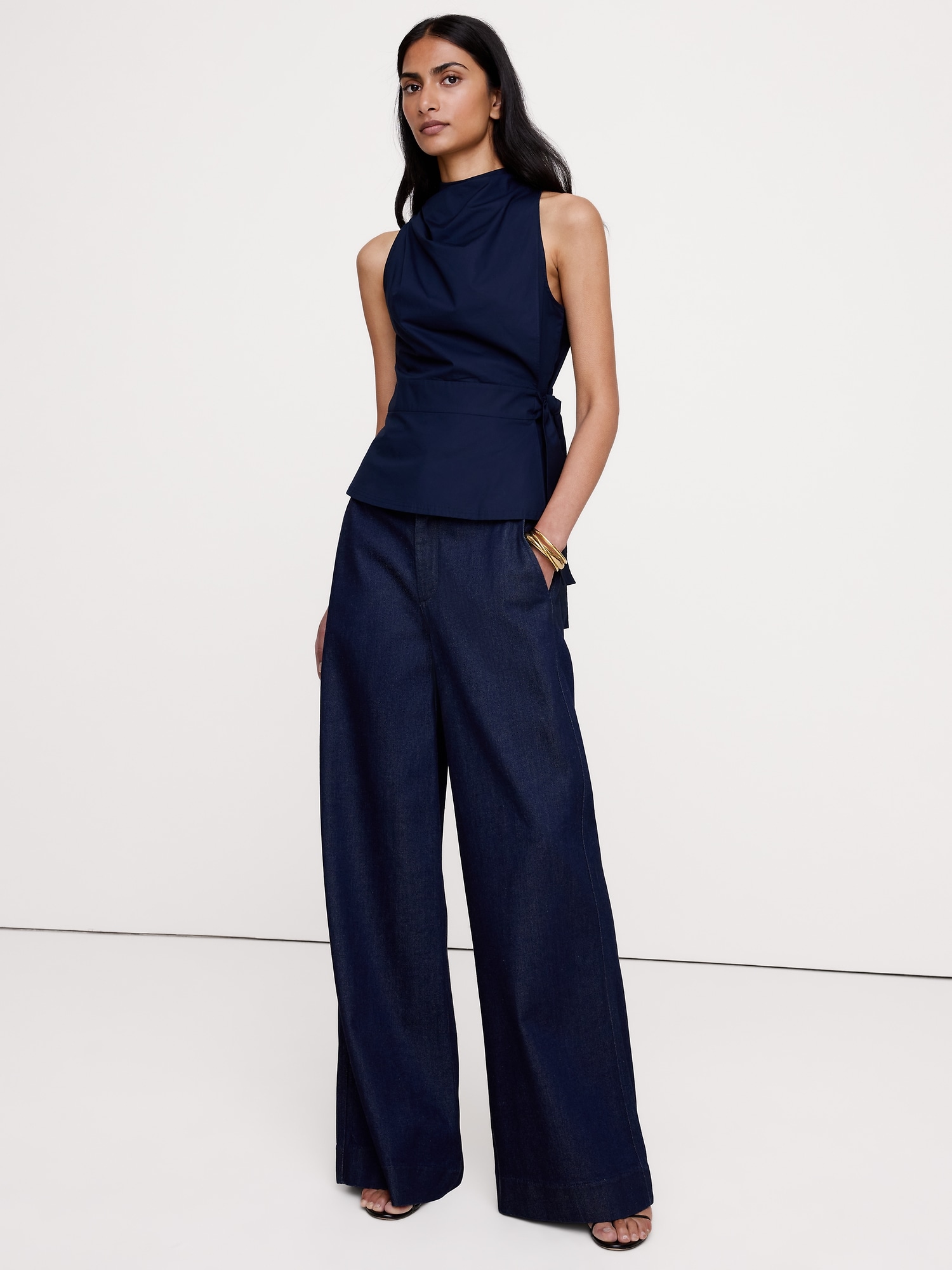 Cotton Poplin Cowl-Neck Tank
