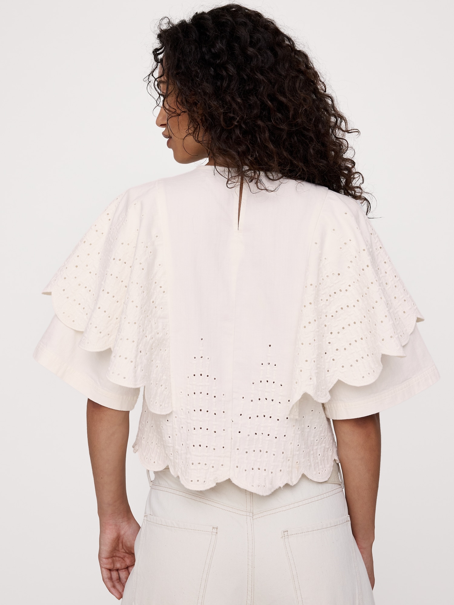 Image number 2 showing, Eyelet Chambray Ruffle-Sleeve Top