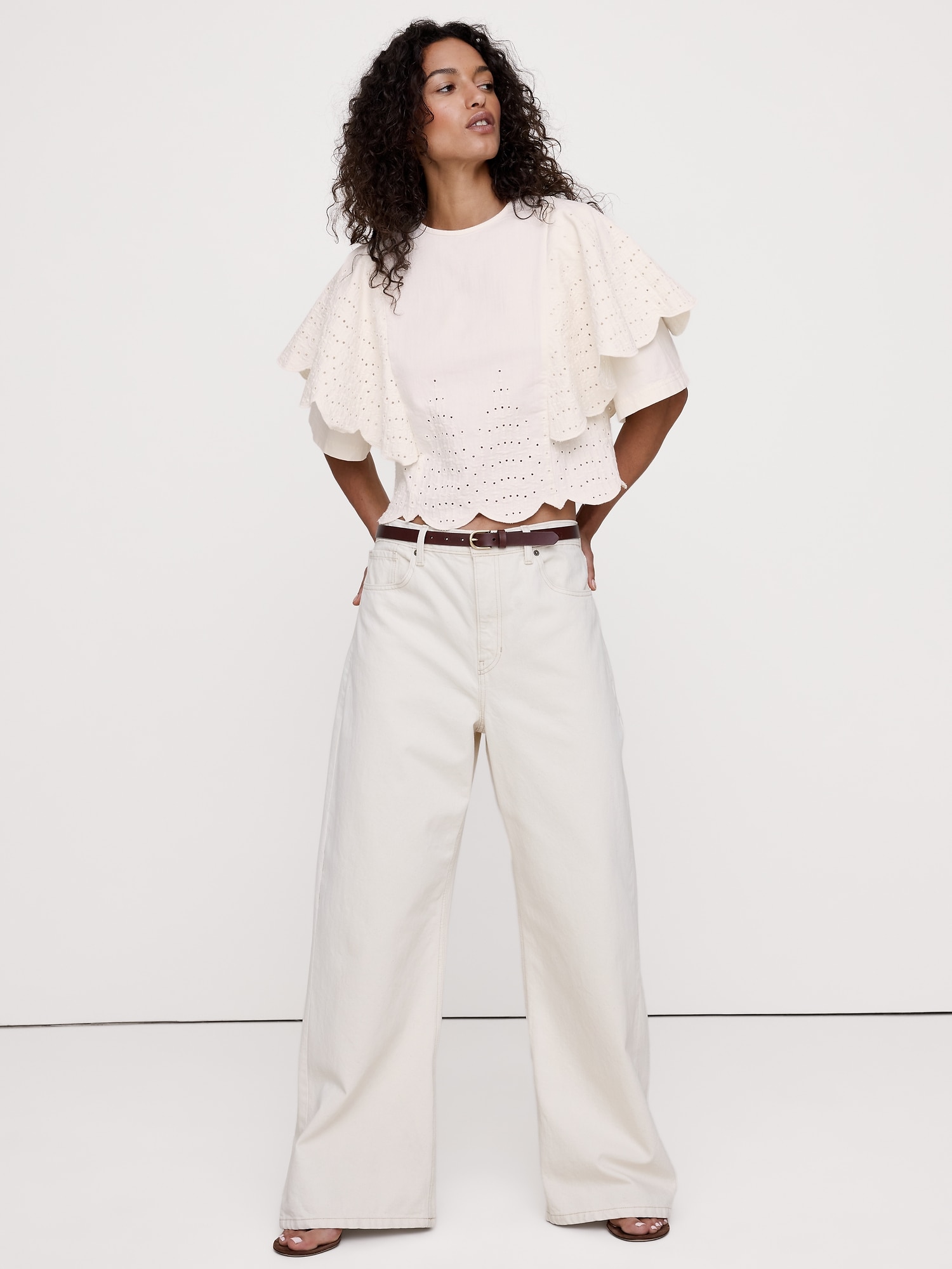 Image number 3 showing, Eyelet Chambray Ruffle-Sleeve Top