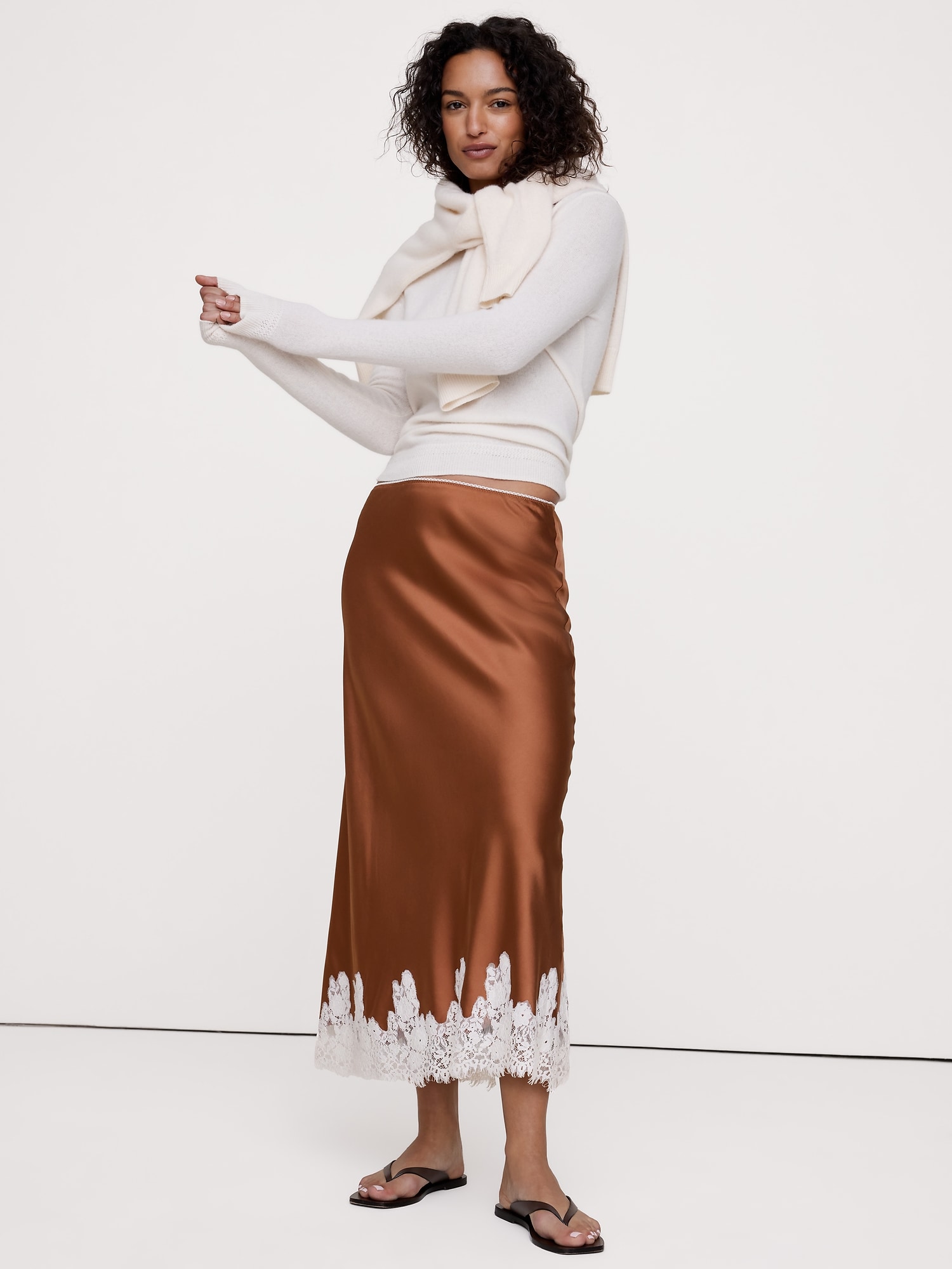 Image number 6 showing, Stretch-Satin Lace Trim Midi Skirt