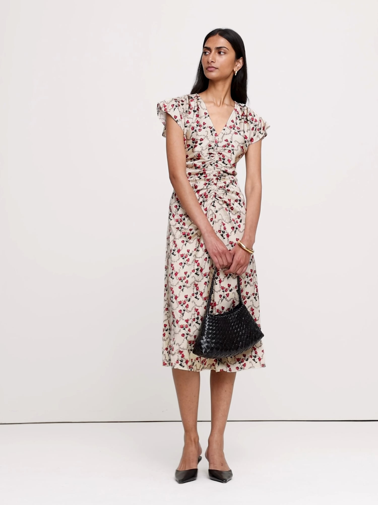 Stretch-Satin Flutter-Sleeve Midi Dress