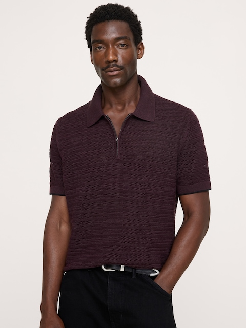 POLO À GLISSIÈRE À MAILLE DE COTON ET LIN