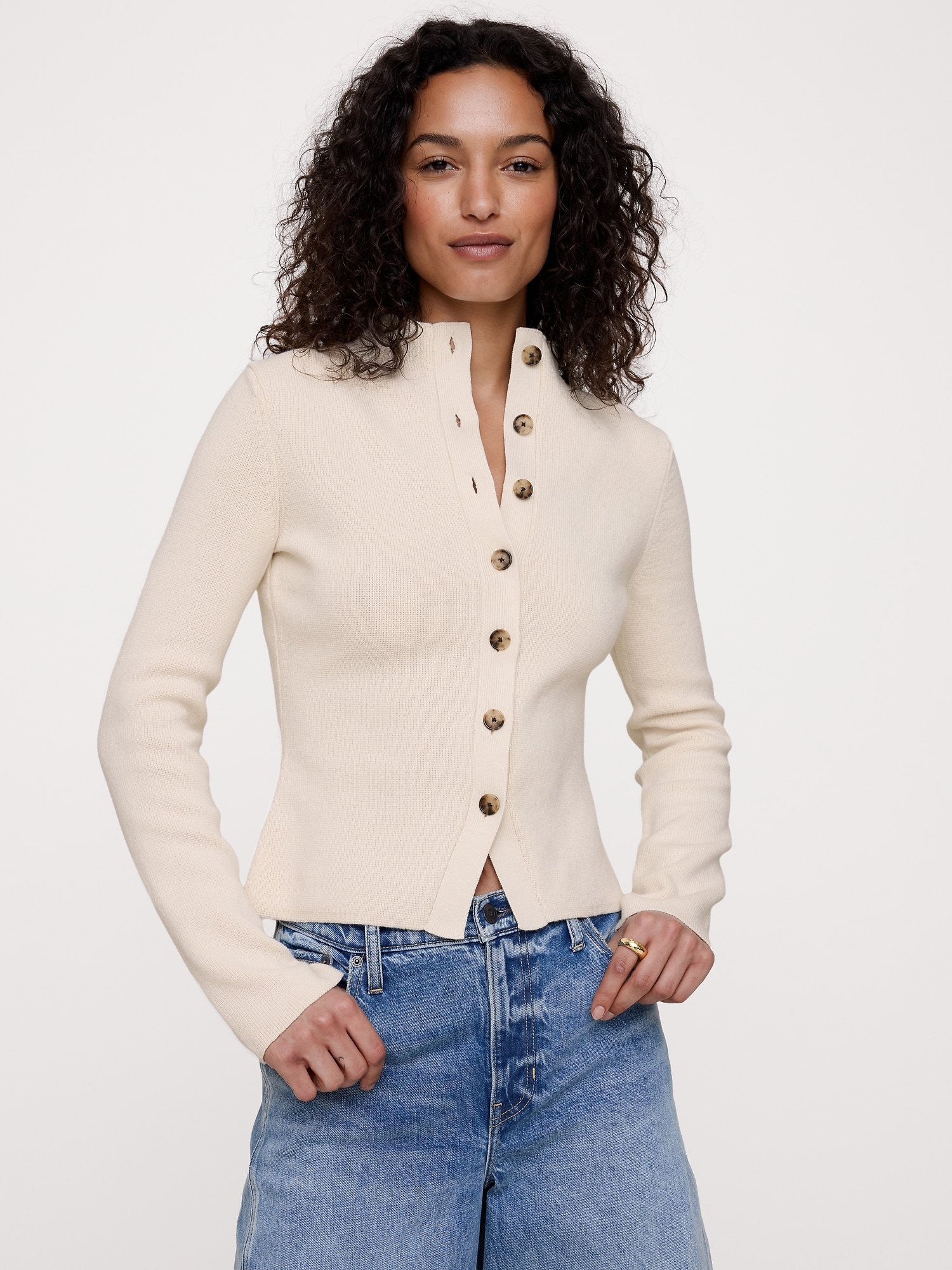 Larkspur Cotton-Silk Mock-Neck Cardigan