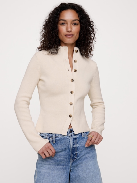 CARDIGAN À COL CHEMINÉE EN COTON ET SOIE PIED D'ALOUETTE
