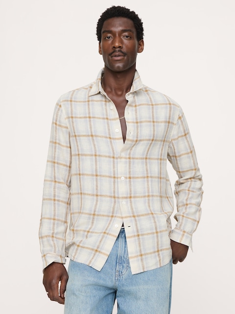CHEMISE À COUPE STANDARD EN LIN ET COTON À CARREAUX