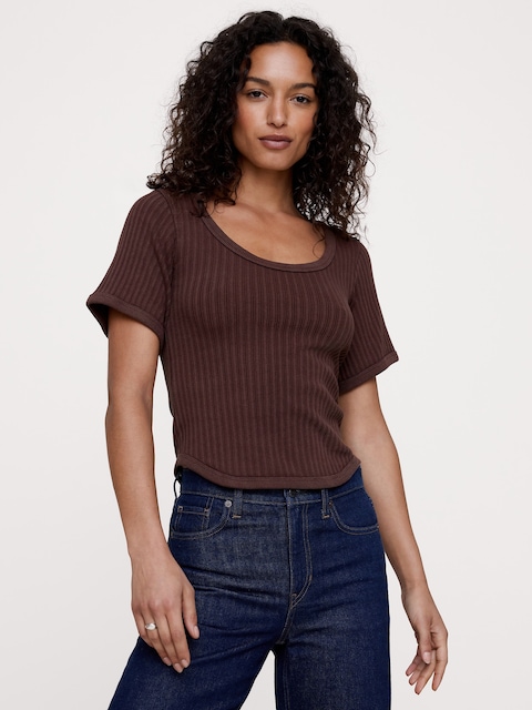 Ribbed Stretch-Cotton Scoop-Neck T-Shirt