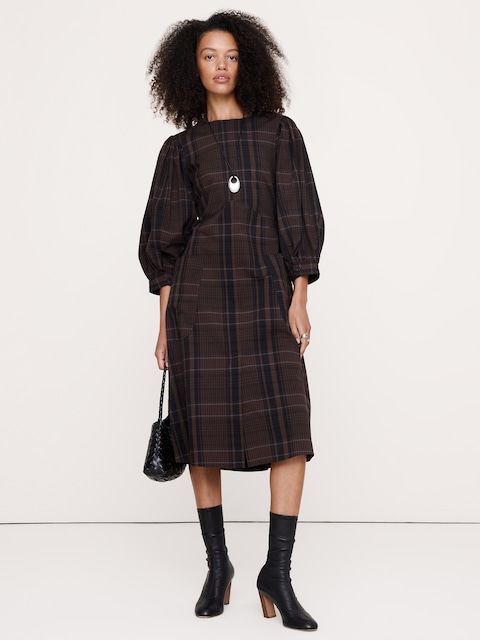 ROBE MI-LONGUE À MANCHES BOUFFANTES EN POPELINE DE COTON