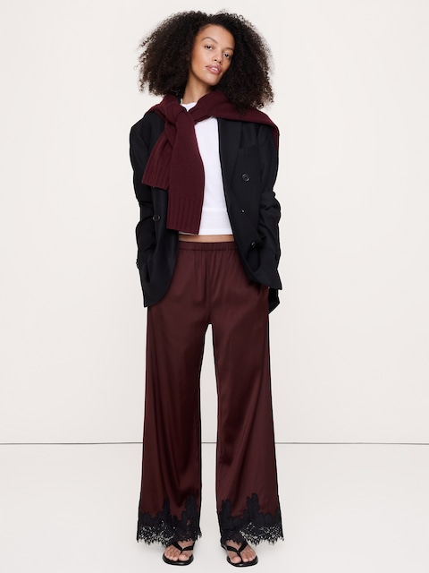 PANTALON À TAILLE ÉLASTIQUE EN SATIN EXTENSIBLE AVEC BORDURE EN DENTELLE