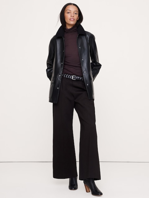PANTALON À TAILLE HAUTE ÉLASTIQUE, JAMBE LARGE, EN TRICOT POINT DE ROME FLUIDE