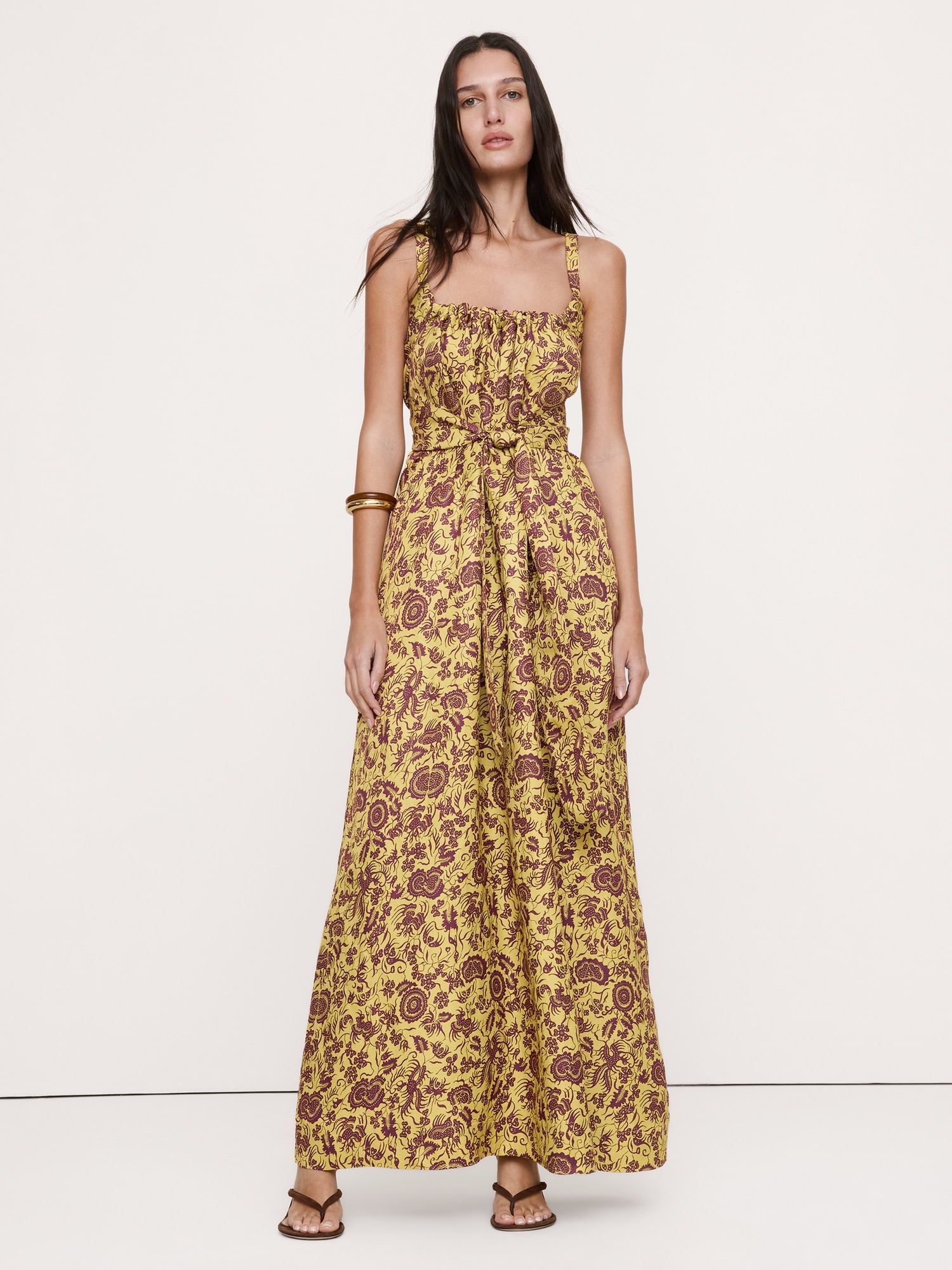 Image number 1 showing, Viscose-Linen Gathered Maxi Dress