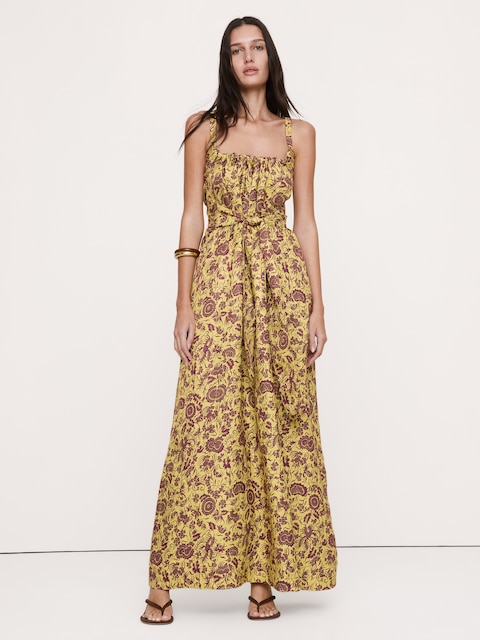 ROBE LONGUE À FRONCES EN LIN ET VISCOSE