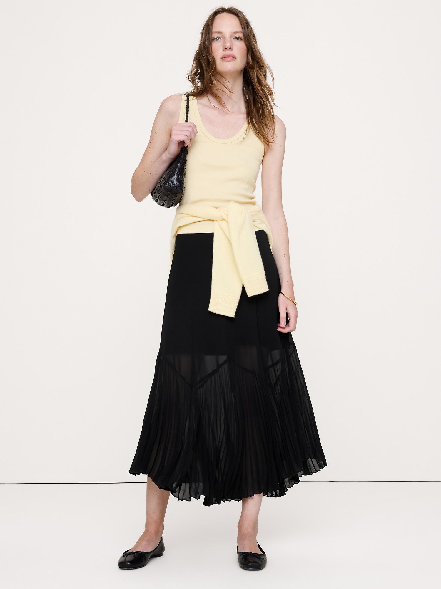 Chiffon Pleated-Trim Midi Skirt