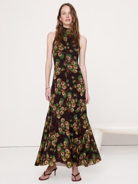 ROBE LONGUE À COL CRAVATE ET À MAILLES