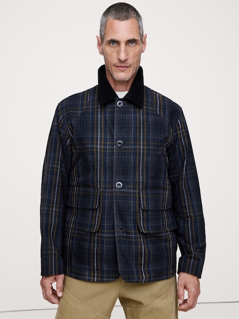 MANTEAU DE TRAVAIL À CARREAUX À COL EN VELOURS CÔTELÉ