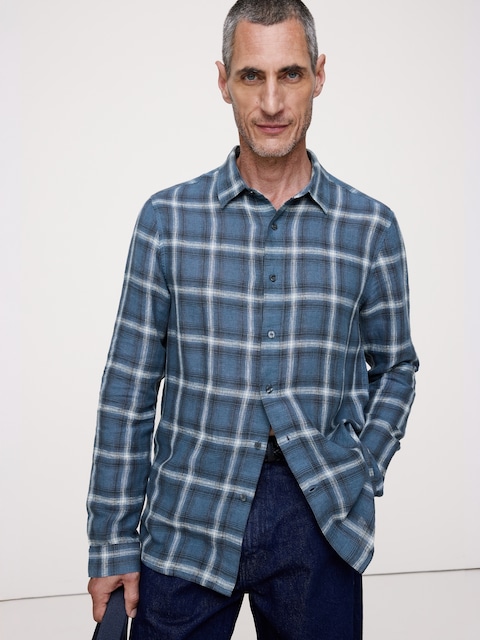 CHEMISE À COUPE STANDARD EN LIN ET COTON À CARREAUX