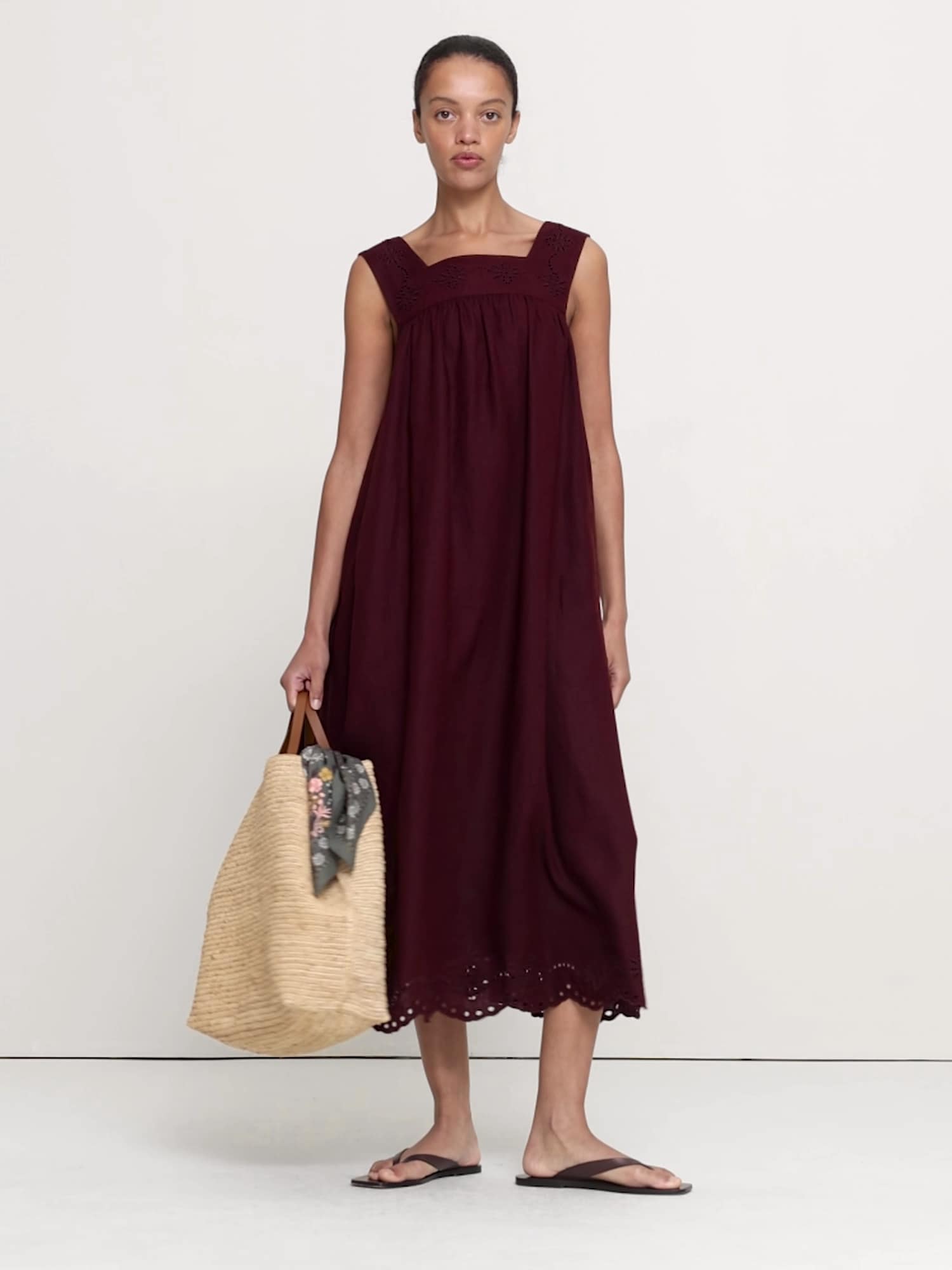 Embroidered Linen Square-Neck Dress