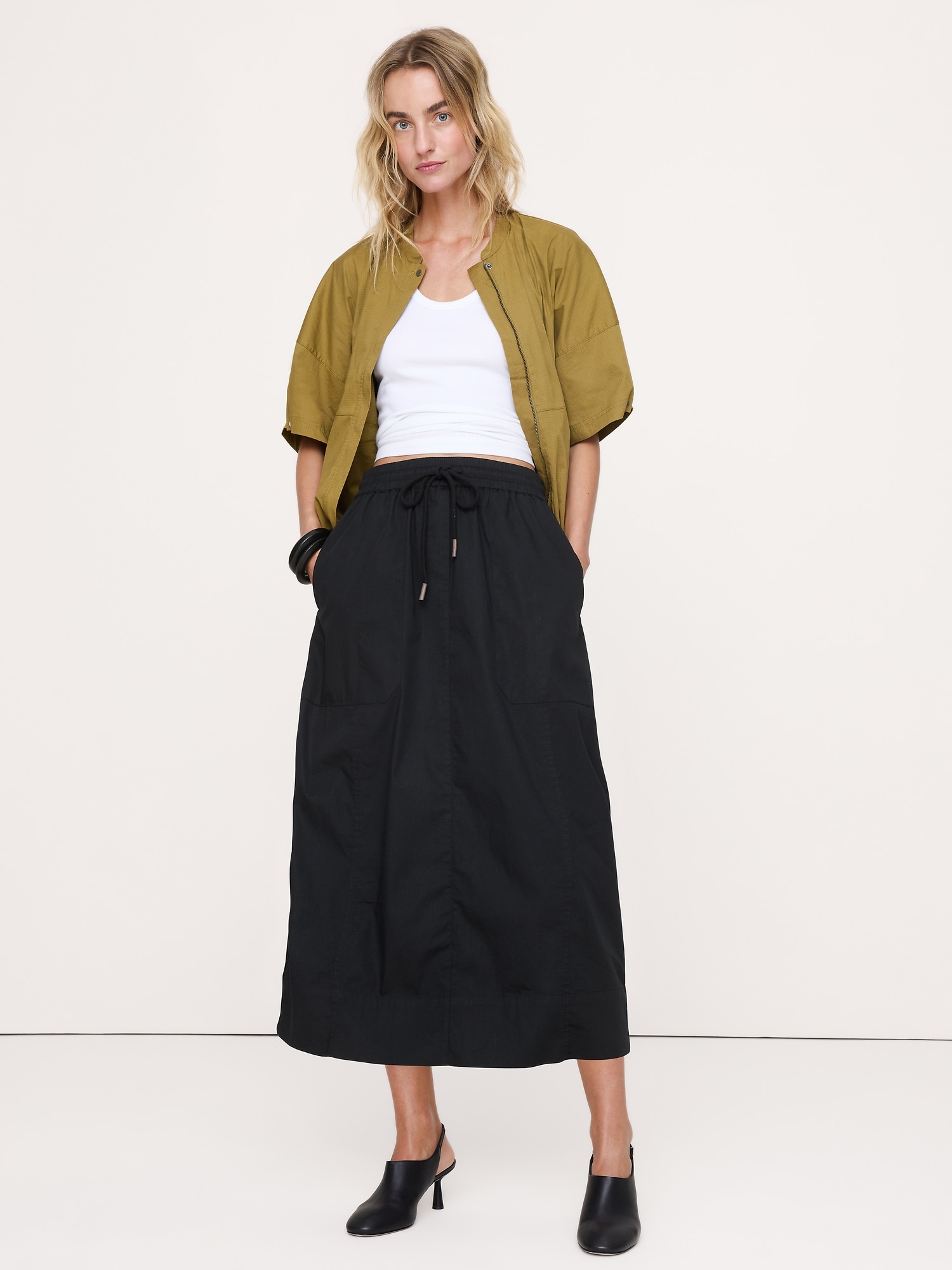Stretch-Cotton Barrel Midi Skirt