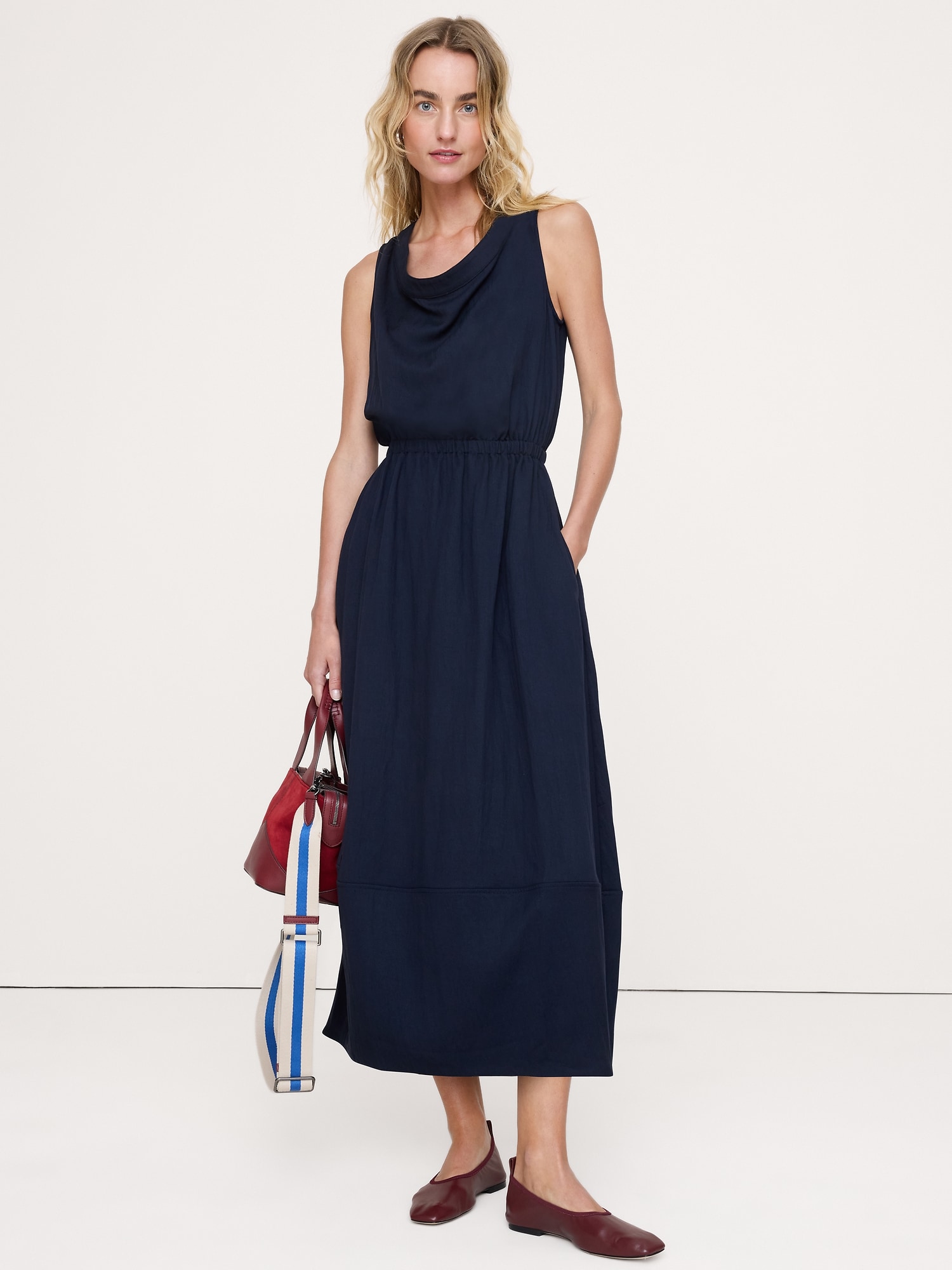 Drapey Twill Cowl-Neck Midi Dress