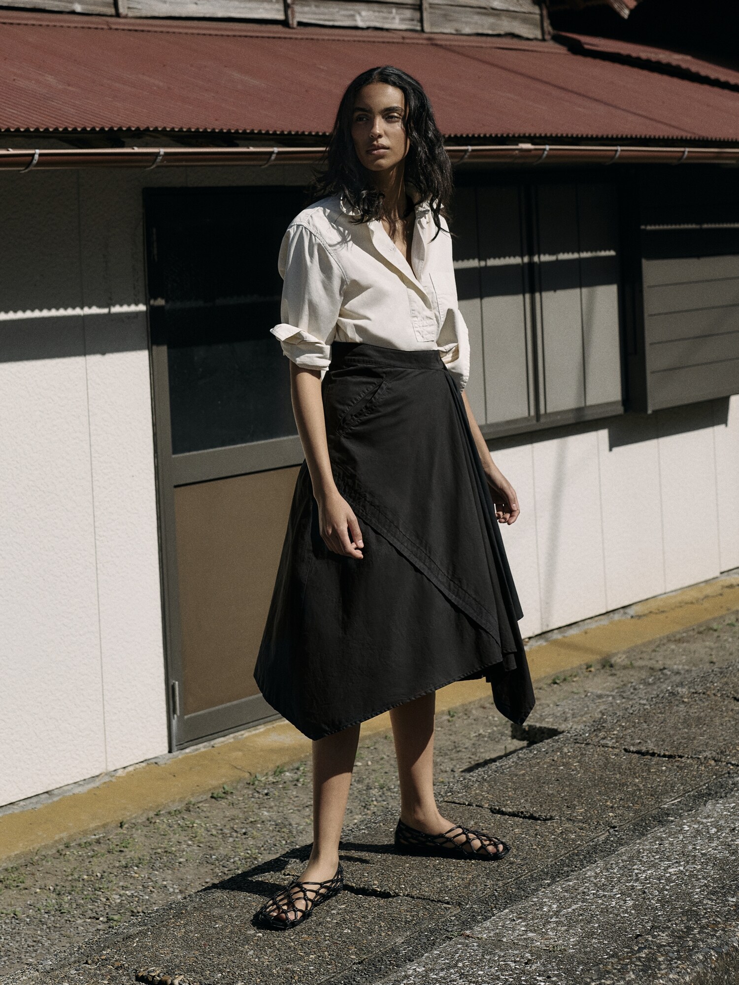 Cotton Twill Asymmetrical Wrap Midi Skirt