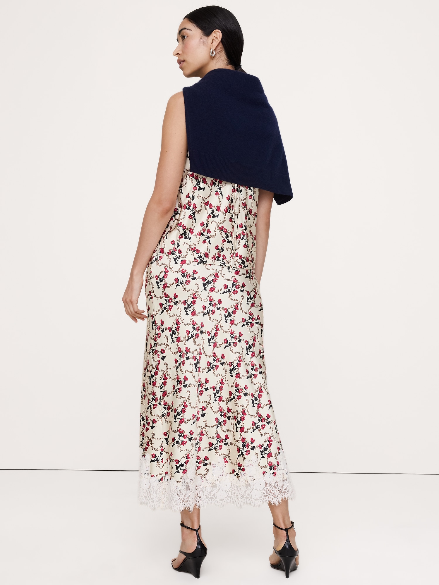 Image number 3 showing, Stretch-Satin Lace Trim Midi Skirt