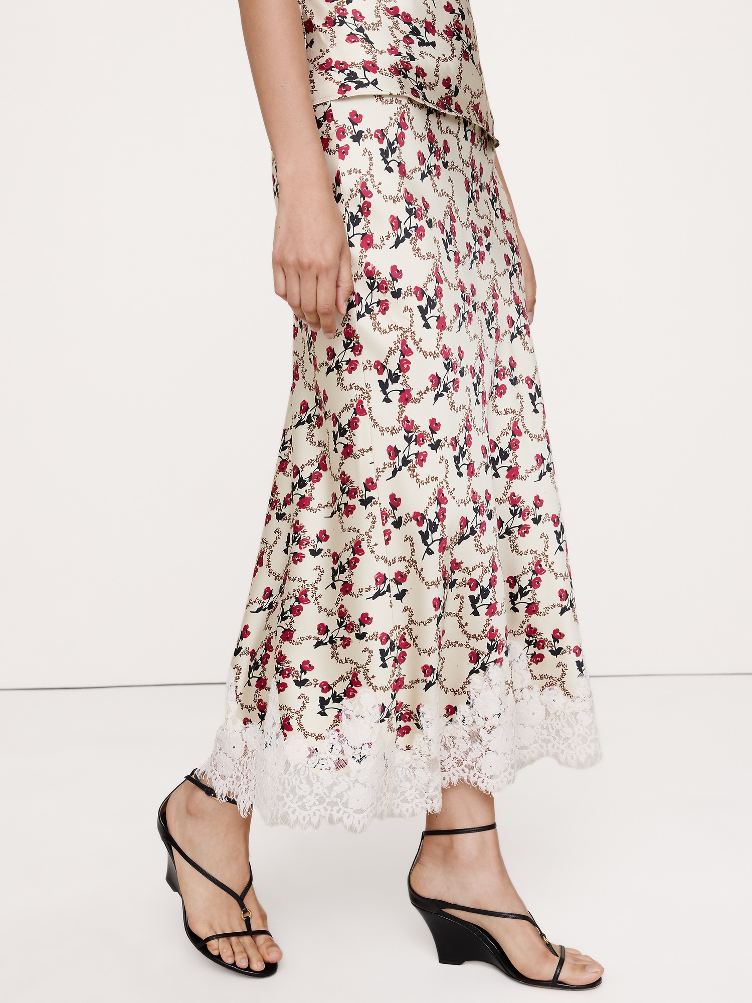 Image number 4 showing, Stretch-Satin Lace Trim Midi Skirt