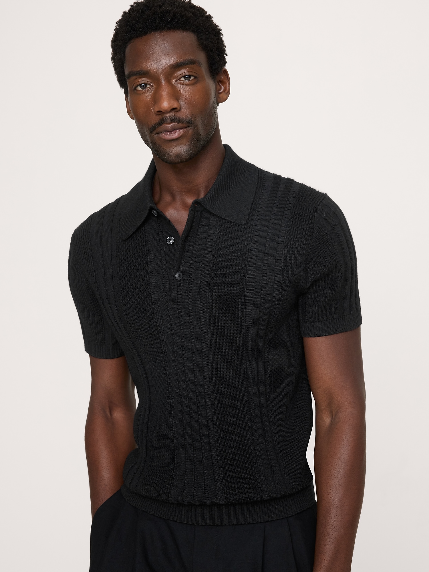 Merino-Cotton Texture Stripe Sweater Polo