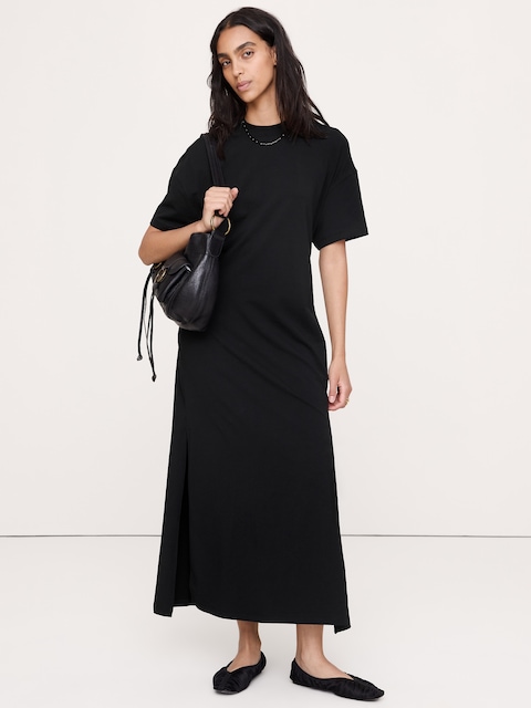 ROBE LONGUE SURDIMENSIONNÉE EN COTON EXTENSIBLE À TAILLE NOUÉE