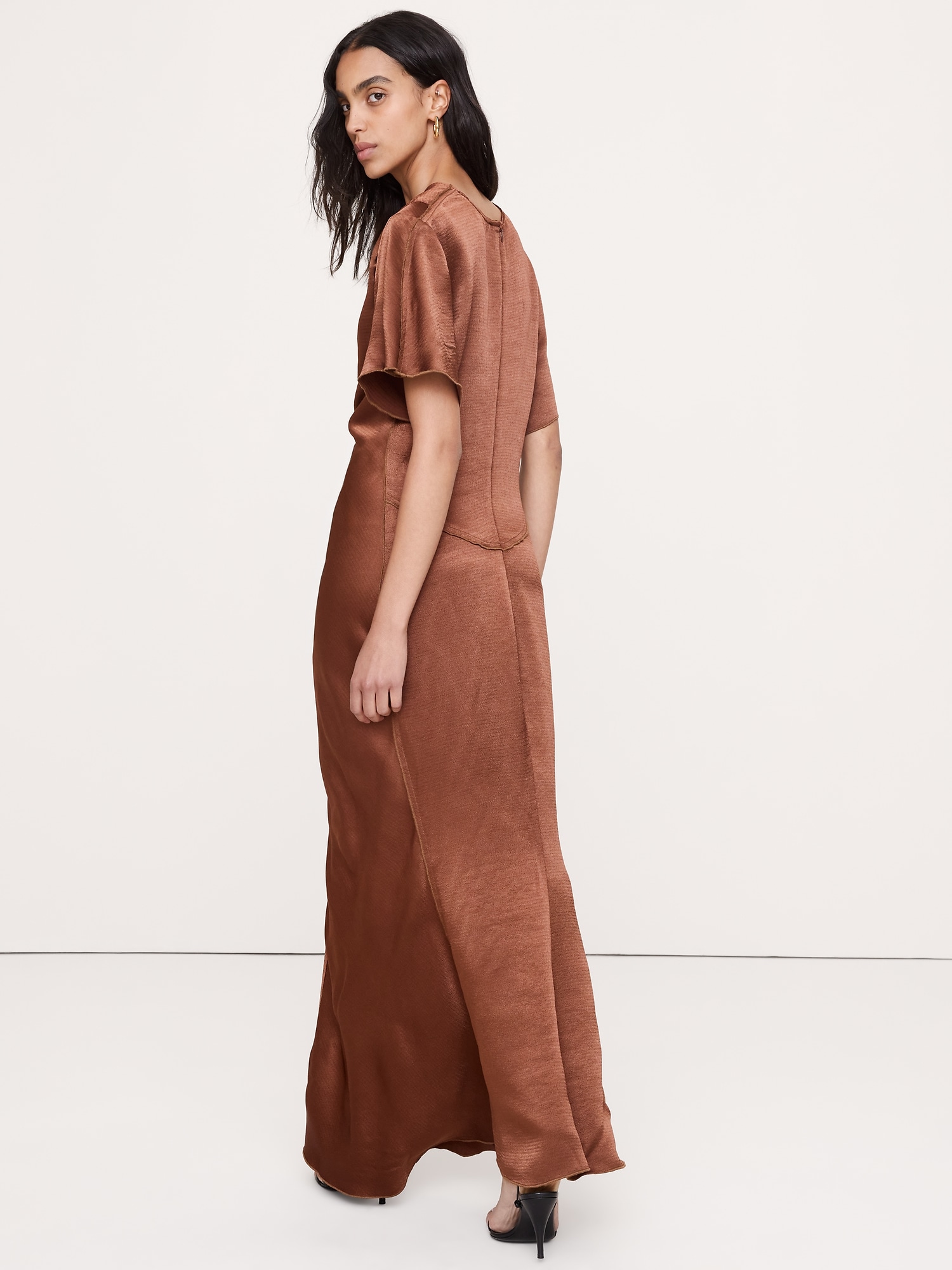 Hammered Satin Flutter-Sleeve Dress