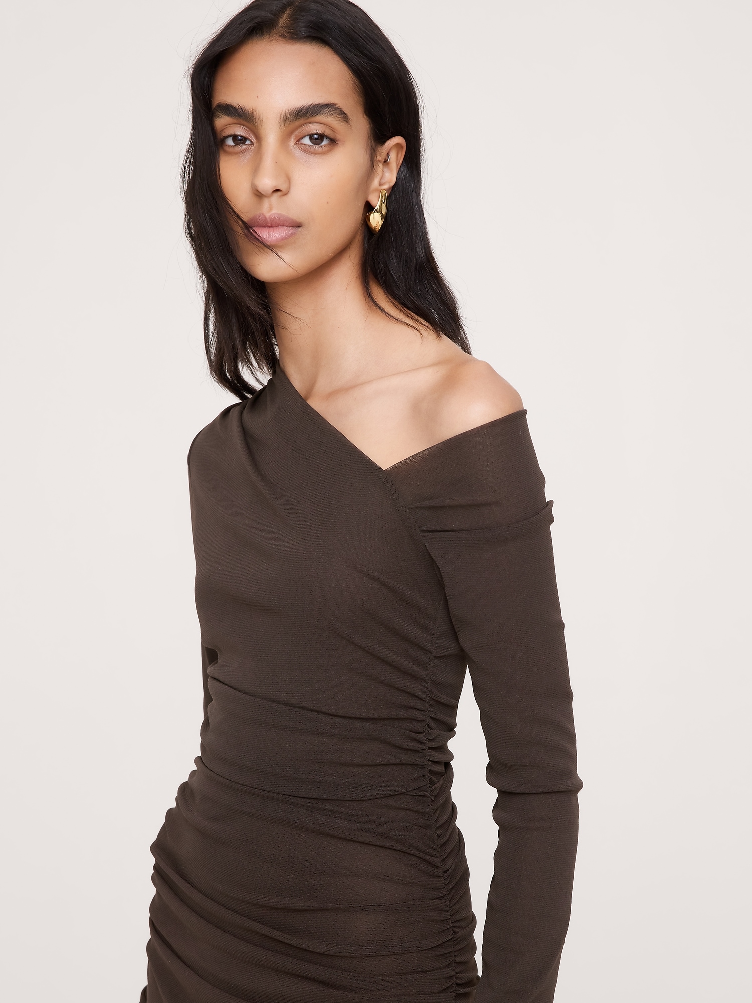 Mesh Asymmetric Ruched Maxi Dress