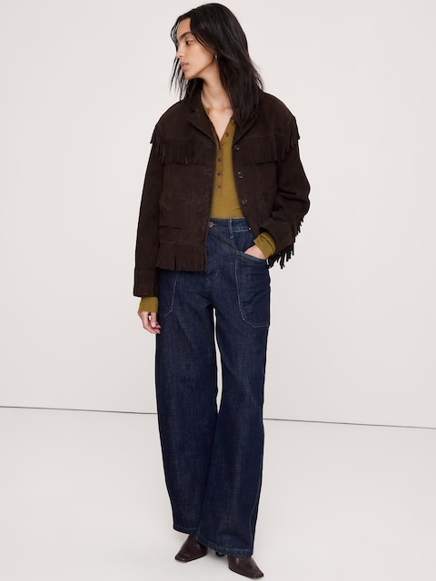 VESTE EN SUÈDE EMBLÉMATIQUE À FRANGES