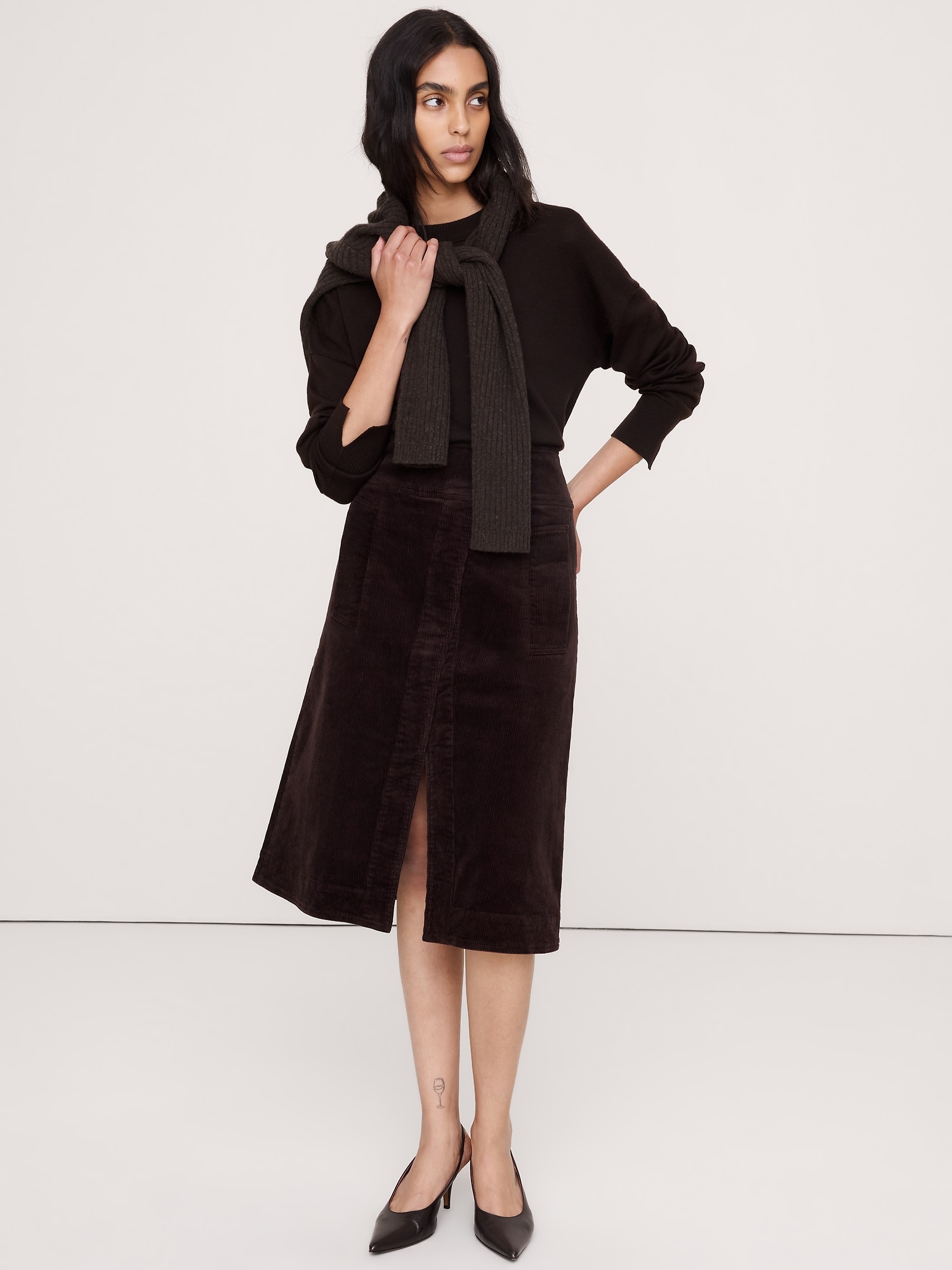 Corduroy Asymmetrical-Slit Midi Skirt