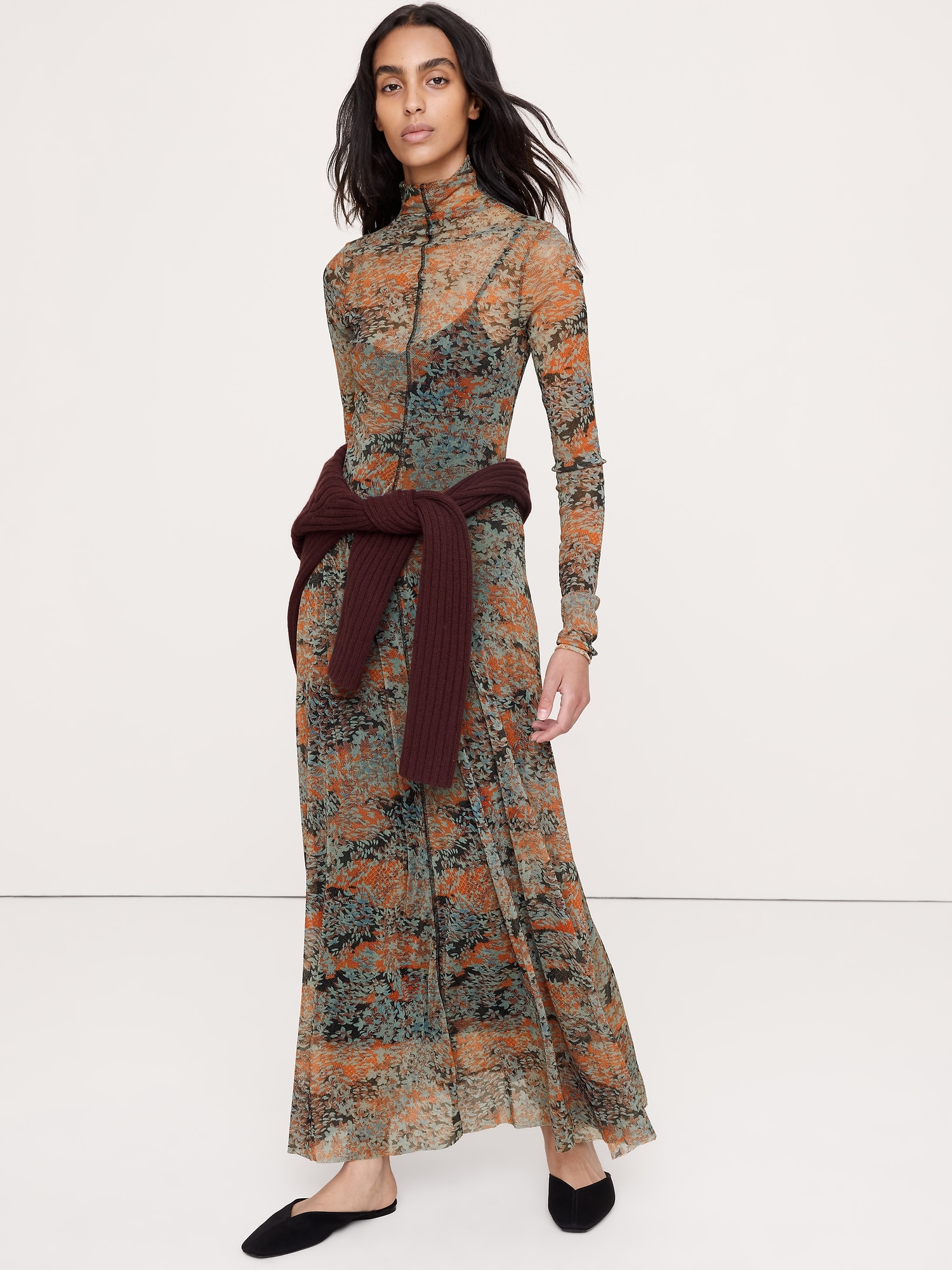 Mesh Long-Sleeve Maxi Dress