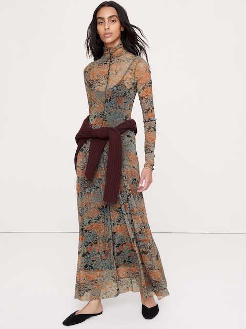ROBE LONGUE EN TISSU À MAILLES À MANCHES LONGUES