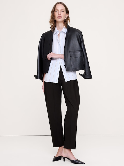 PANTALON À TAILLE HAUTE EXTENSIBLE, JAMBE FUSELÉE, EN TRICOT POINT DE ROME FLUIDE
