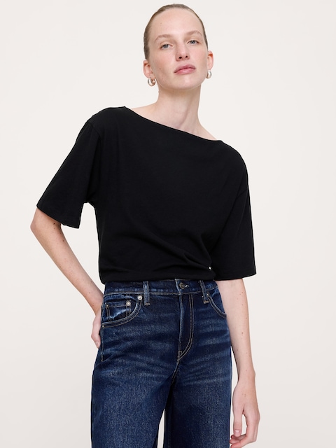 T-SHIRT À ENCOLURE BATEAU EN COTON FLAMMÉ