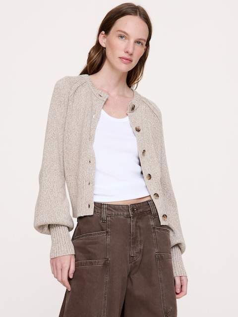 CARDIGAN À MANCHES VOLUMINEUSES EN COTON ET SOIE PIED D'ALOUETTE