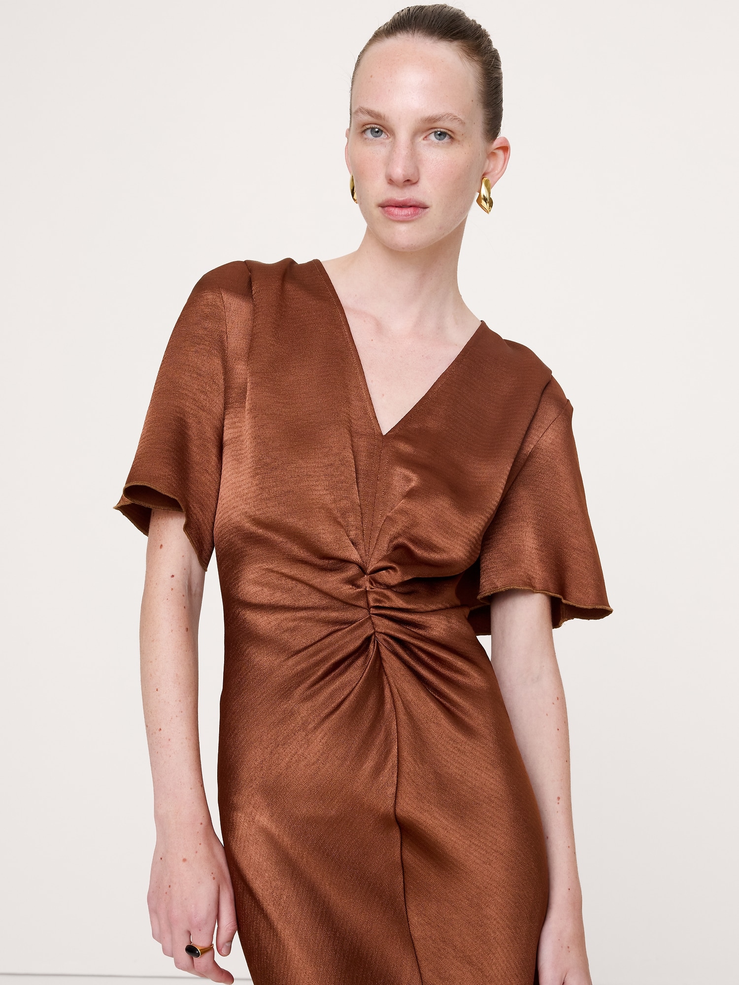 Hammered Satin Flutter-Sleeve Dress