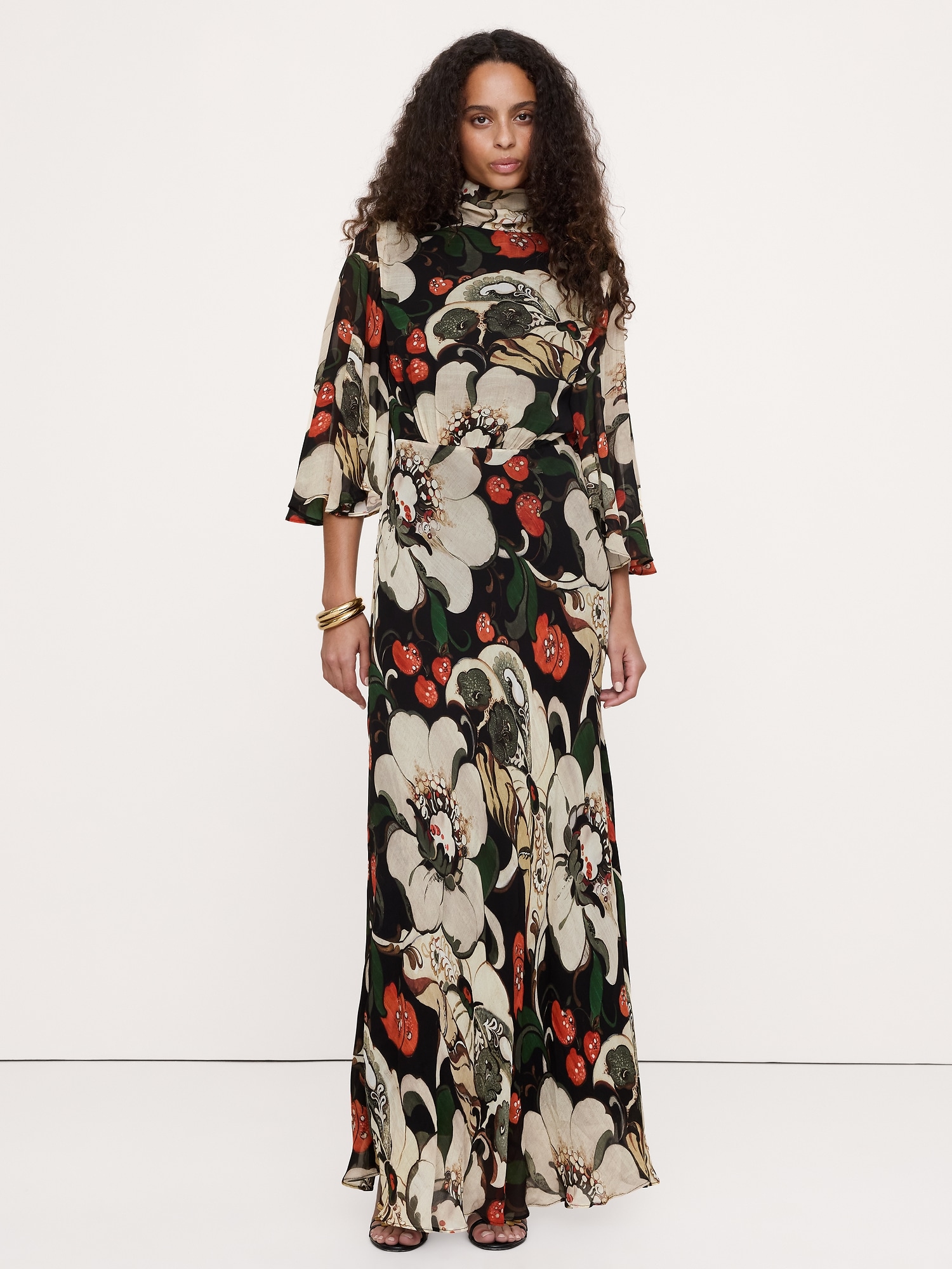 Georgette Flutter Cape-Sleeve Midi Dress