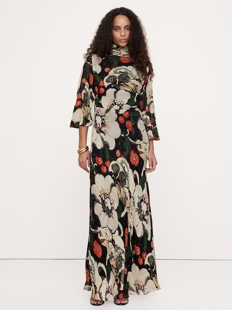ROBE MI-LONGUE À MANCHERONS FLOTTANTS EN CRÊPE GEORGETTE