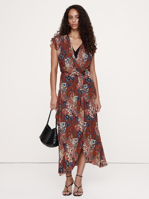 ROBE MI-LONGUE À VOLANTS EN TISSU CRÊPE GEORGETTE SUPERPOSÉ