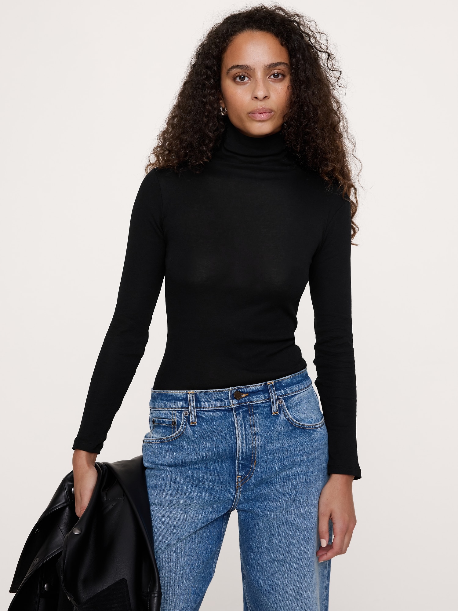 Airy Cotton Long-Sleeve Mock-Neck T-Shirt