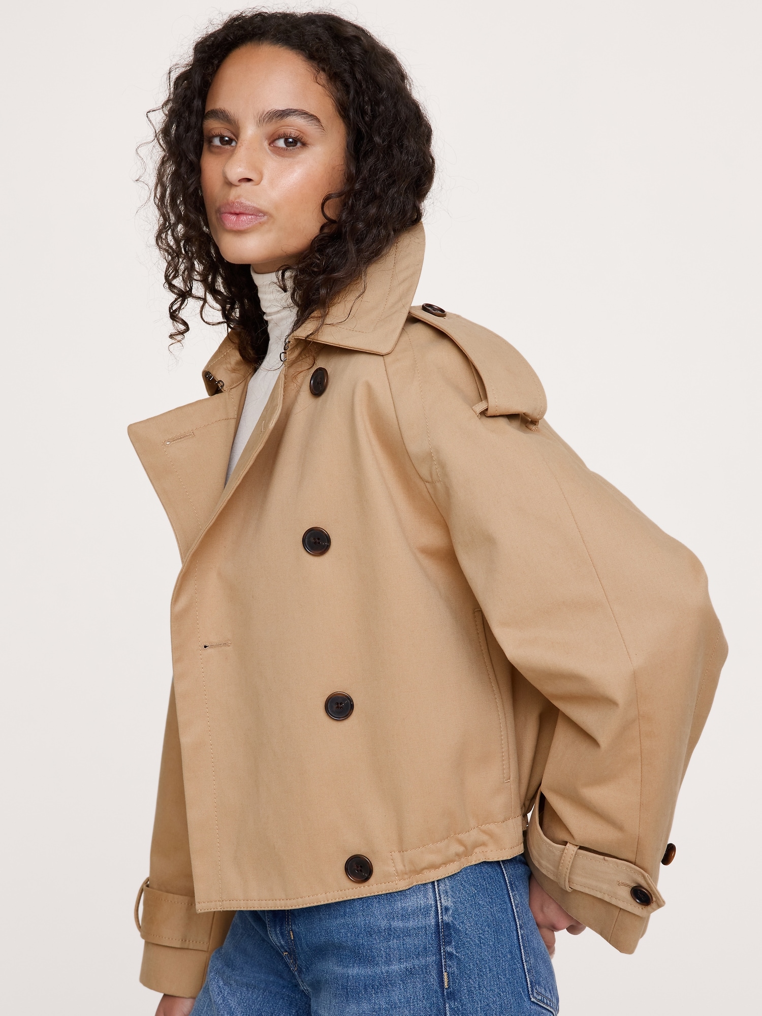 Cropped Cotton Twill Trench Coat