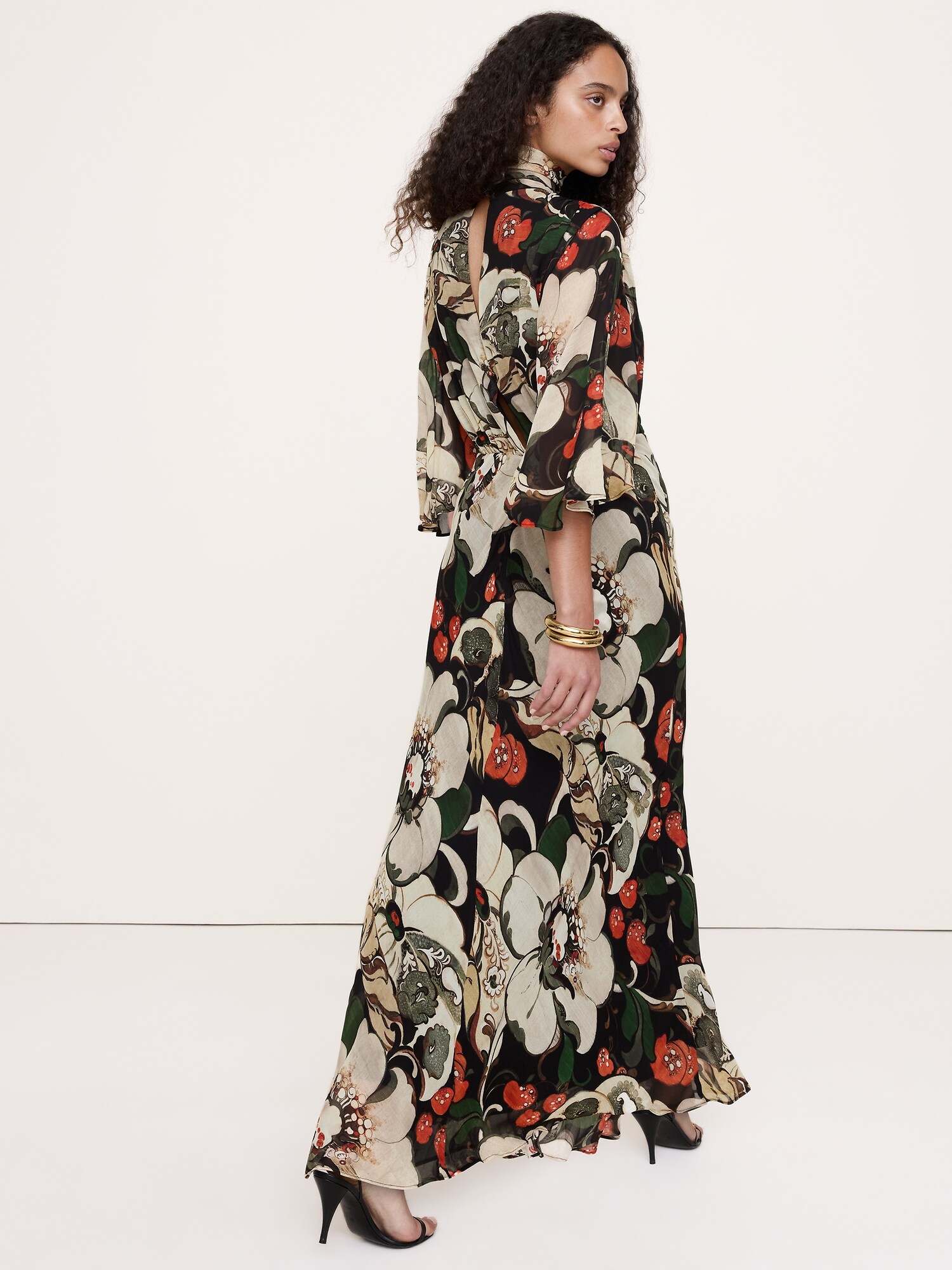 Georgette Flutter Cape-Sleeve Midi Dress