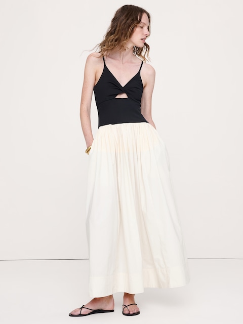 ROBE LONGUE À DEVANT TORSADÉ EN TRICOT DE JERSEY ET POPELINE